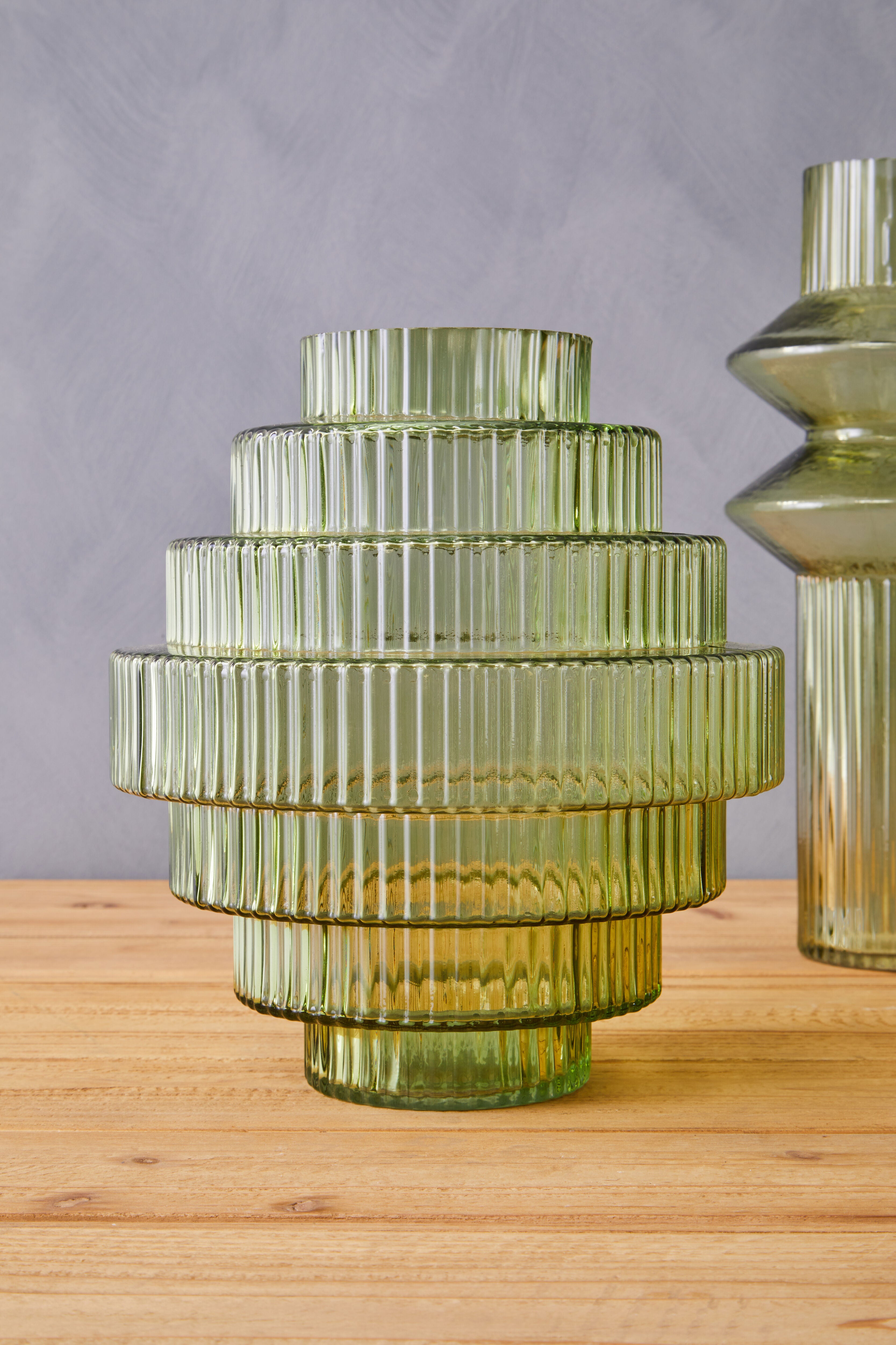 Ackley Tiered Ribbed Soft Green Glass Vase | Large